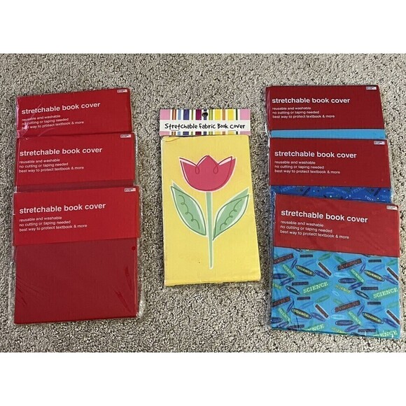 Lot of 7 Stretchable Book Covers Red Blue Science History Yellow Floral Tulip - Picture 1 of 7